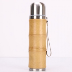500ML three-layer vacuum cup shaped bamboo bottle with lifting rope
