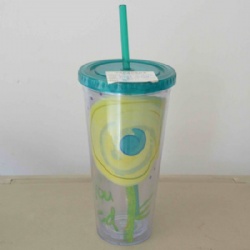 650ML double plastic cold drink cup with paper transparent AS straw cup